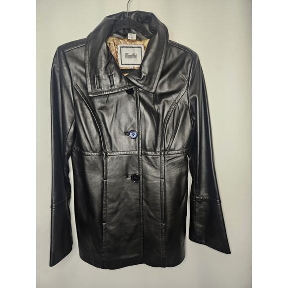 Vintage Excelled Womens Black Leather Jacket XS Midi 3 Button Collared - Picture 1 of 6